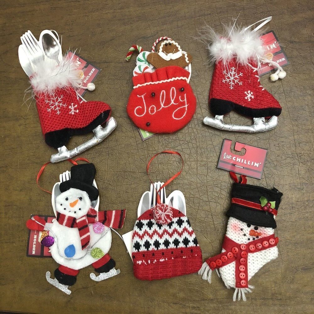 Cracker Barrel Just Chillin Xmas Mixed Set Of 6 Silverware Holder/Ornaments NWT